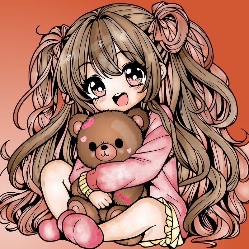 manga girl, long curly hair, happy, cuddling a teddy bear