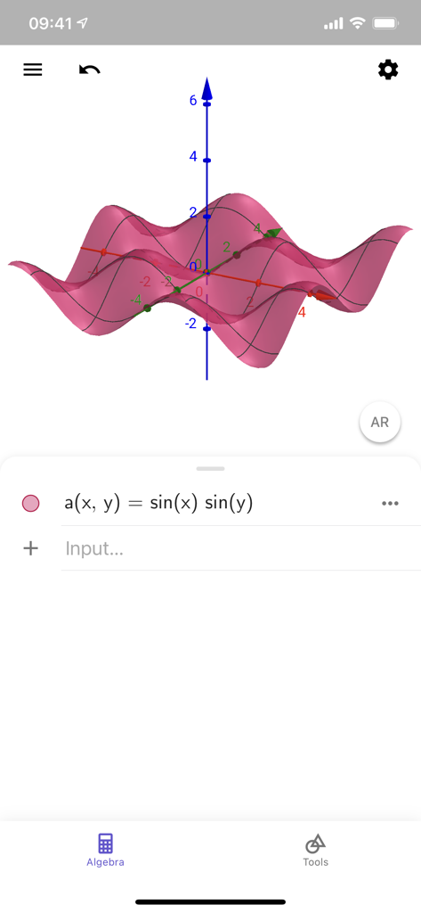 A 3D surface plot of a mathematical function displayed in the GeoGebra 3D Calculator app interface