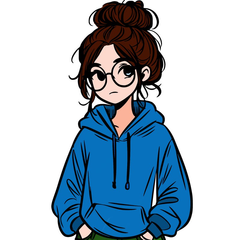 teen girl with a messy bun and glasses wearing a loose hoodie and jeans