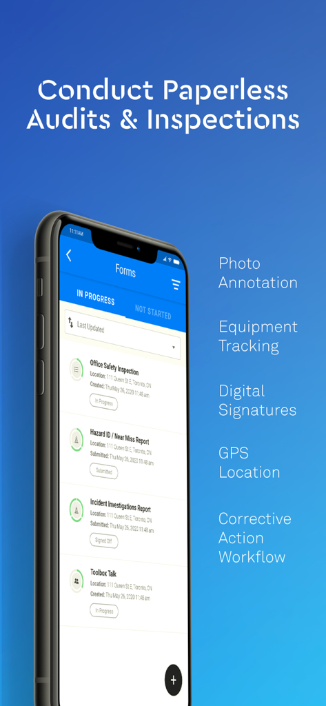 Interface of the eCompliance safety app showing digital forms for paperless audits and inspections.