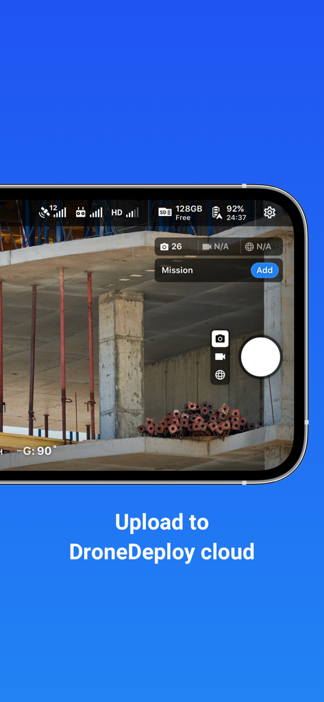 Interface of DroneDeploy app showing drone camera view of a construction site with cloud upload text