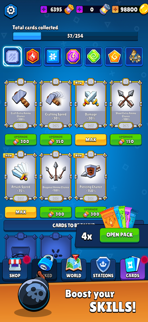 Menú de mejora de habilidades en Herochero Castle Defense con cartas coleccionables de potenciadores y mejoras de héroe