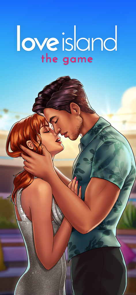 Um homem e uma mulher em um abraço romântico prestes a se beijar na tela de apresentação de Love Island The Game