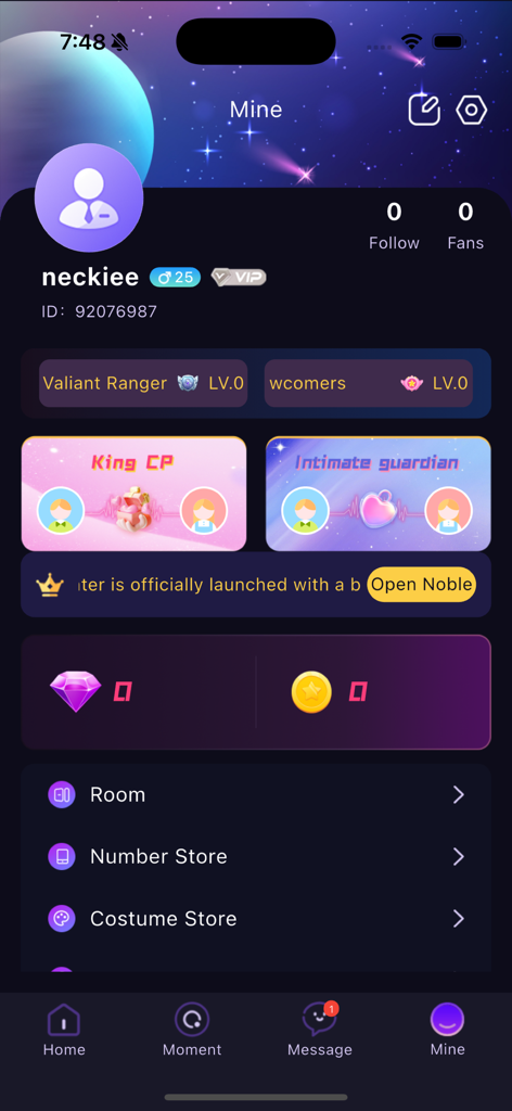 Yari Da - L'écran de profil utilisateur de l'application Yari Da montrant les niveaux sociaux et la monnaie virtuelle.
