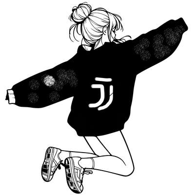realistic girl jumping with a bun and oversized sweatshirt
