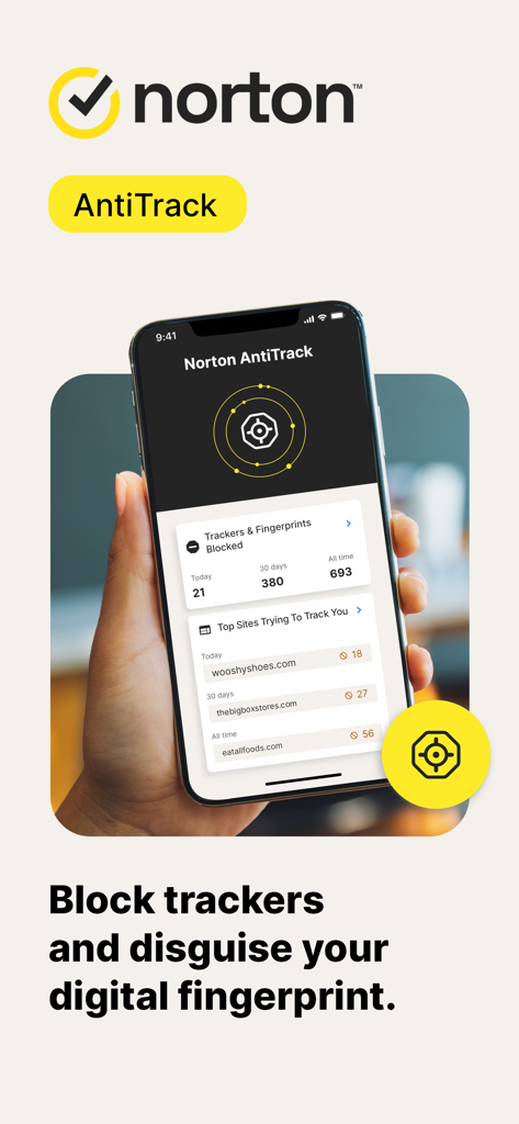 차단된 추적기와 디지털 핑거프린트 보호 기능을 보여주는 Norton AntiTrack 대시보드 (iPhone)