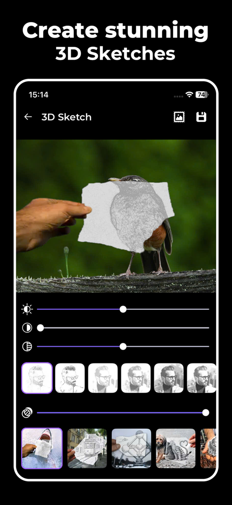 Pencil Sketch Photo Editor - Interface of the Pencil Sketch Photo Editor app showcasing the 3D sketch feature being applied to a photo of a bird