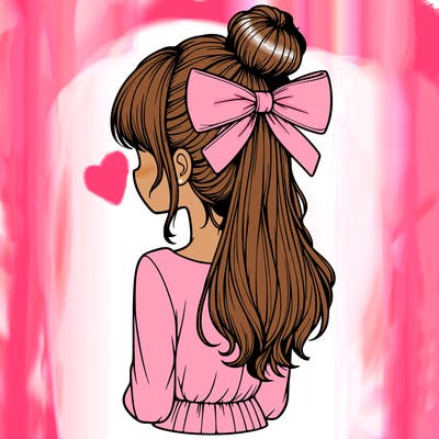 realistic girl  with hip length hair a bun and a big bow on the back of head