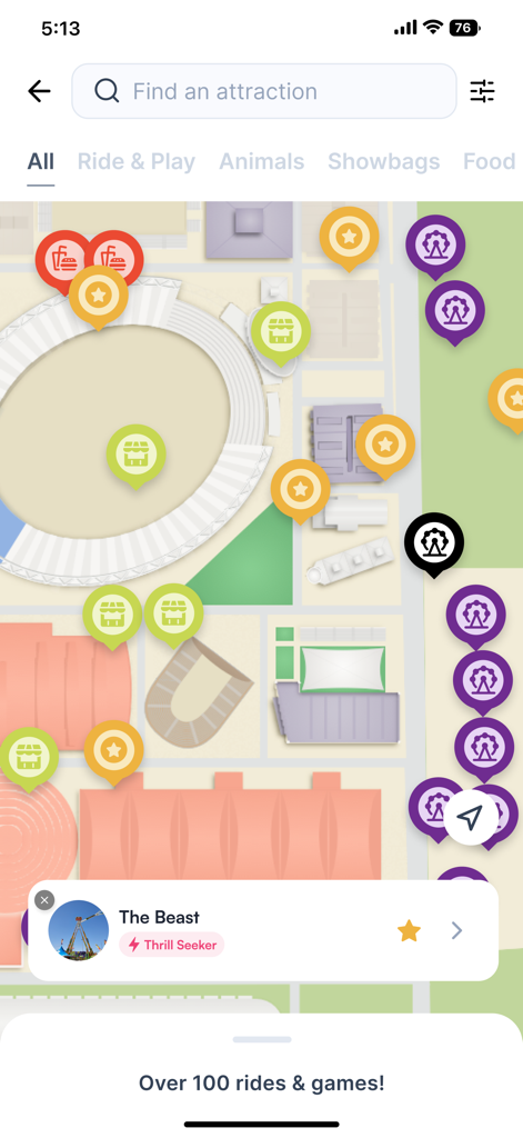 EK Fernandez - Interactive carnival map in the EK Fernandez Fun Pass app showing various ride and food locations