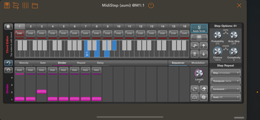 Interfaz de la aplicación MidiStep que muestra el secuenciador de pasos polifónico y el editor de acordes para la producción de música generativa.