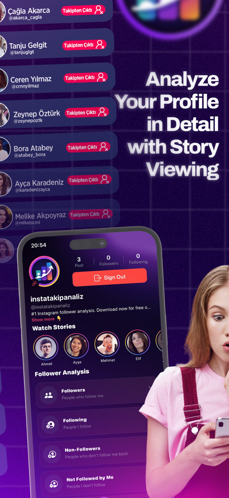 Postexa Mobile App-Oberfläche, die Instagram-Follower-Analysen, Story-Viewer und Entfolger-Tracking-Funktionen anzeigt