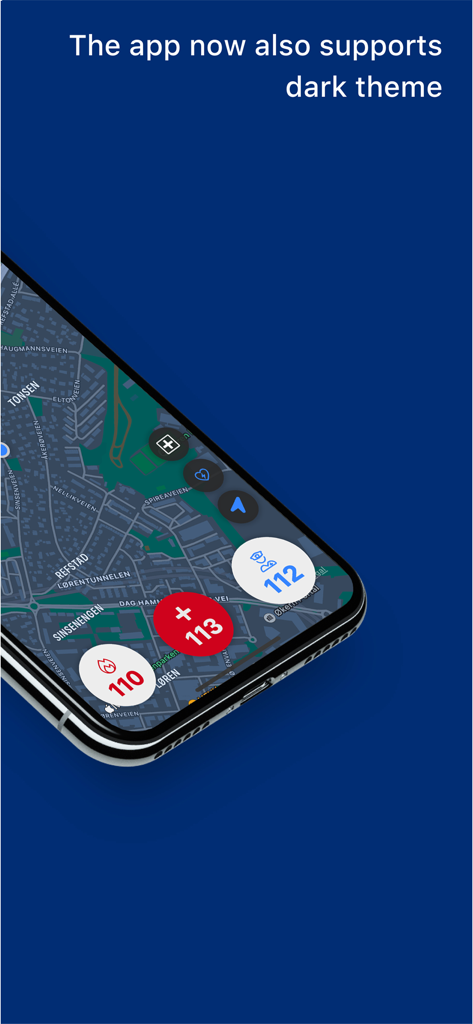Hjelp 113 emergency app showing dark theme with Norwegian emergency call buttons on a map