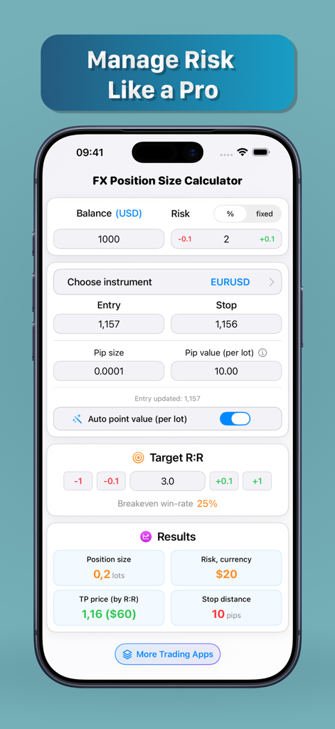 Pips & Lot Size Calculator - Interfaccia dell'app Calcolatore Dimensione Posizione FX che mostra il calcolo dell'ingresso in trade e dello stop loss per EURUSD.