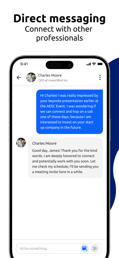 My Glue from Glue Up - A professional direct messaging screen in the My Glue app showing a conversation between two business networking contacts.