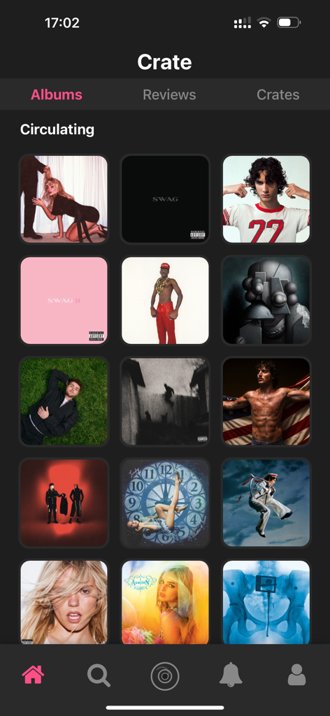 Crate app interface displaying a grid of circulating music albums