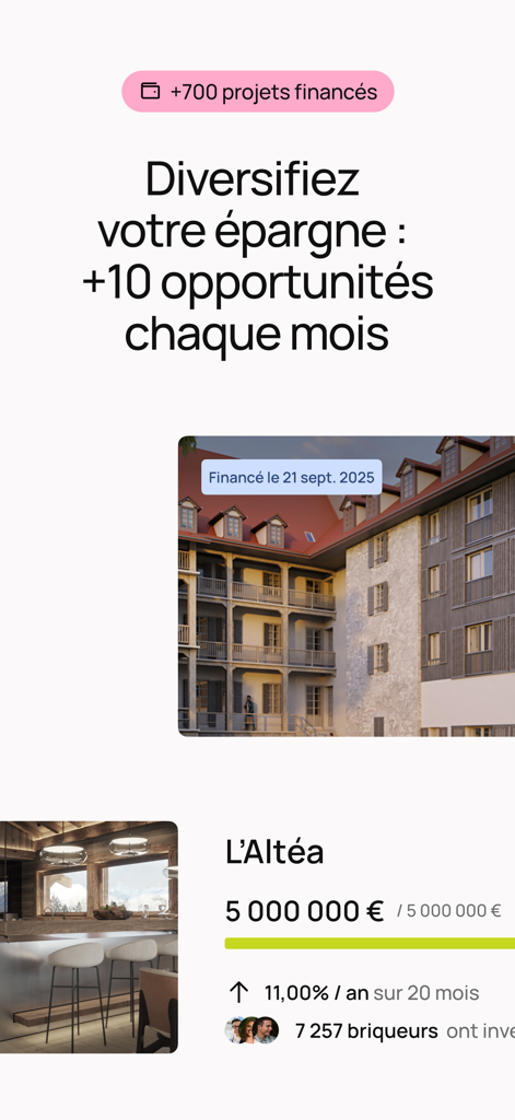 La Première Brique - Mobile app screen showing a real estate crowdfunding project named L Altea with an eleven percent annual return and over seven thousand investors.