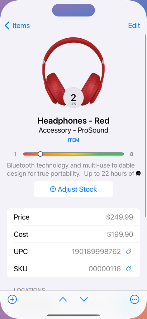 Cash Register for Business - Inventory management screen in the Cash Register for Business app showing product details and stock levels for red headphones