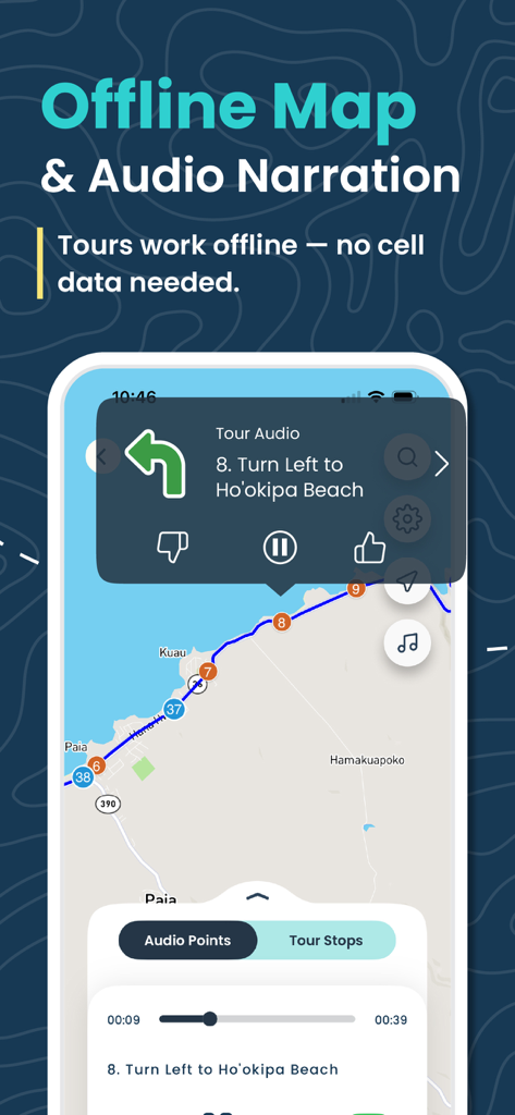 App-Oberfläche der Shaka Maui-App mit Offline-Karte und Audionavigation für Roadtrips auf Hawaii
