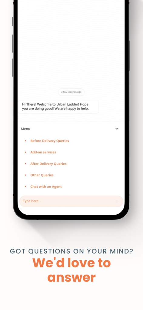 Urban Ladder - Interfaz de chat de soporte al cliente de la aplicación Urban Ladder que muestra varias opciones de ayuda y consulta