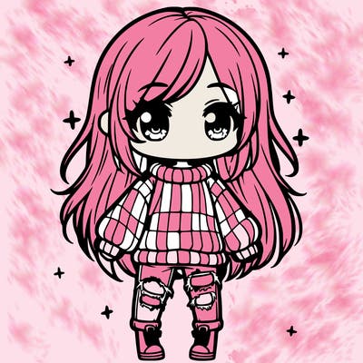chibi girl with ripped jeans,long hair, and an oversized sweater