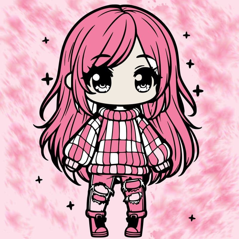 chibi girl with ripped jeans,long hair, and an oversized sweater