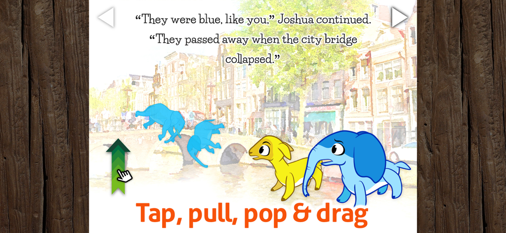 Kids Book & Reading - Remi - レミの子供向け絵本アプリのインタラクティブなページ。街の場面にいる青い象と黄色い子羊、そして物語のテキストが登場します。