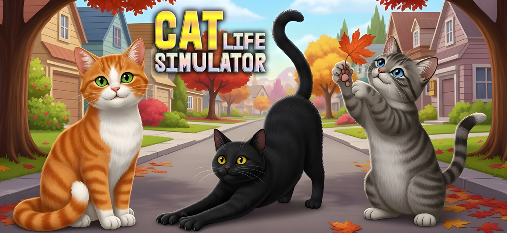 Cat Life Simulator: Cat & Mice - Three cats on a suburban street in the Cat Life Simulator game