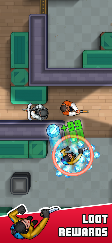 Hunter Assassin - Draufsicht eines Attentäter-Charakters, der blaue Diamanten mit einem Banner für Beutebelohnungen sammelt.