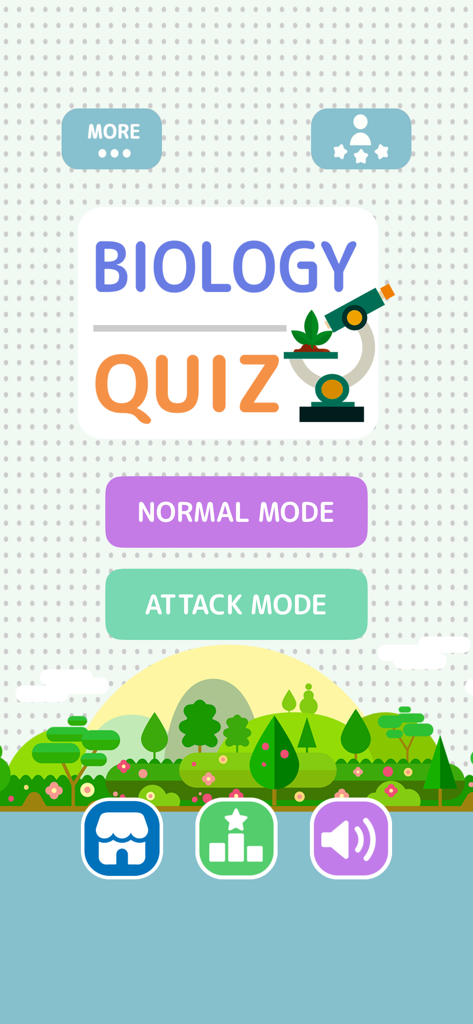 Biology Quiz - Game - Main menu of the Biology Quiz app featuring Normal and Attack game modes with a microscope and plant illustration.