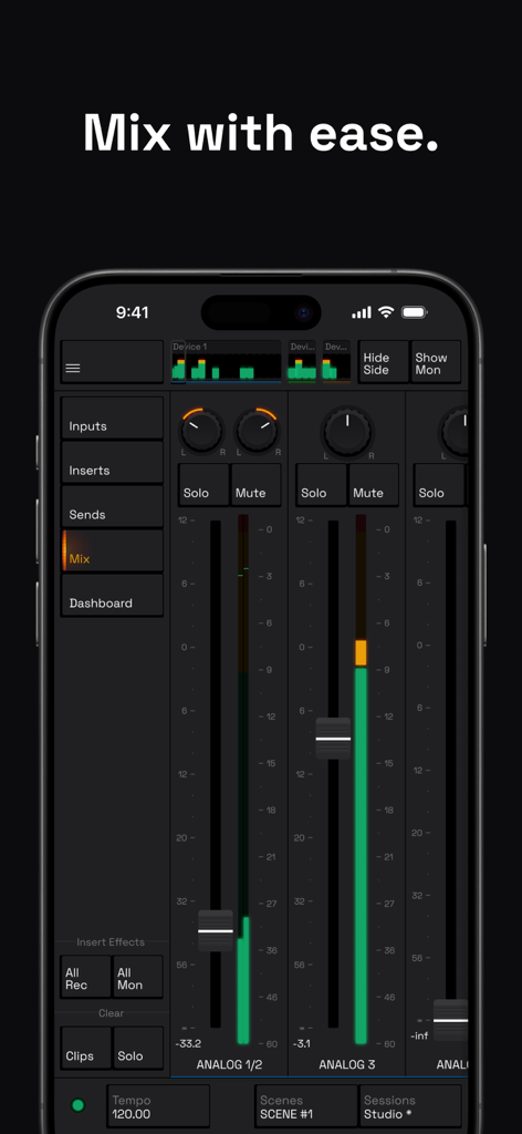 Console Remote Control - Console Remote Control app interface showing audio mixer faders and channel levels on iPhone