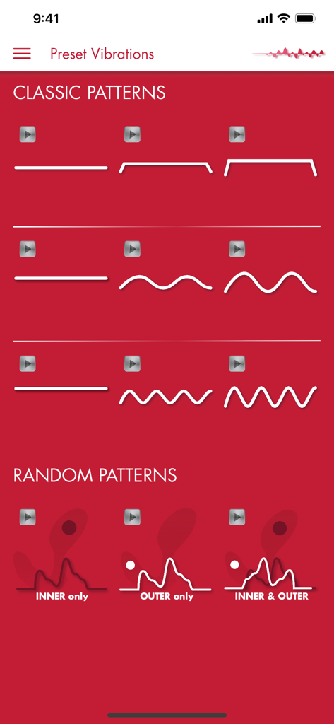 Aneros Vivi - Aneros Vivi app interface showing classic and random vibration patterns with controls for inner and outer motors
