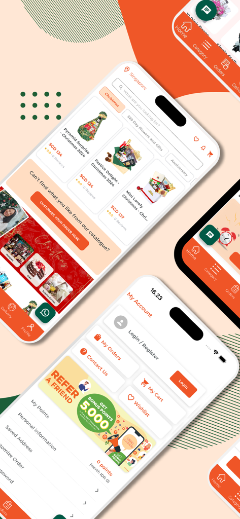 FlowerAdvisor - Flowers & Gift - Interface of FlowerAdvisor app featuring Christmas gift hampers and user account profile page