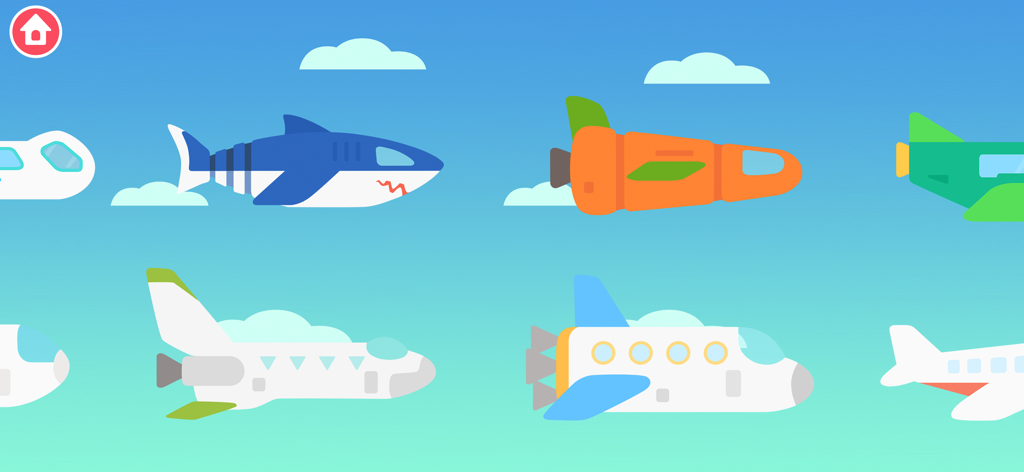 Divers avions de dessin animé colorés et un avion requin volant dans le ciel