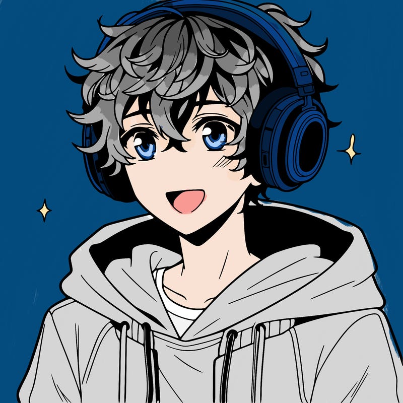 anime boy with headphones wearing a hoodie and curly hair smiling
