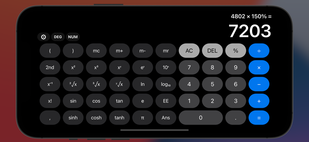 Aplicativo Calculator Plus v2 no modo paisagem mostrando uma interface completa de calculadora científica com um cálculo concluído