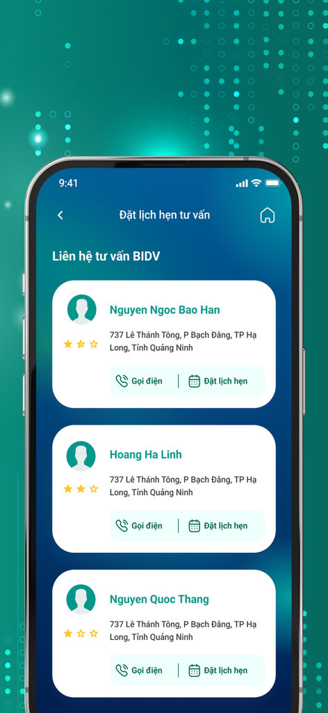 BIDV Home - Interface of BIDV Home app showing a list of bank consultants for scheduling a consultation
