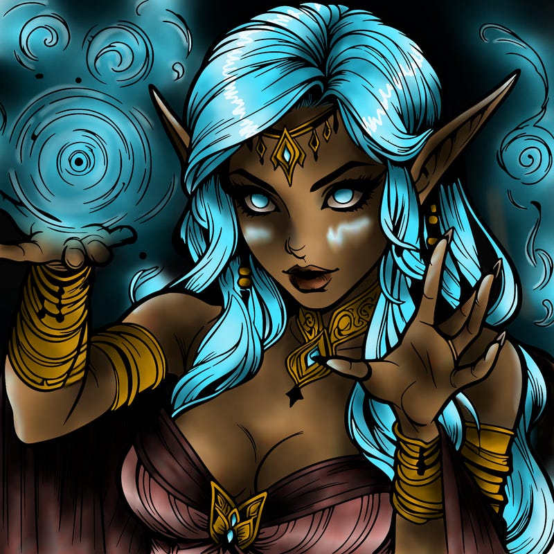 realistic scary beautiful elf sorceress casting spell