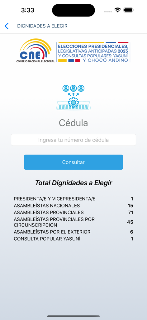 CNE App interface for Ecuadorian elections with ID number input and list of elected positions