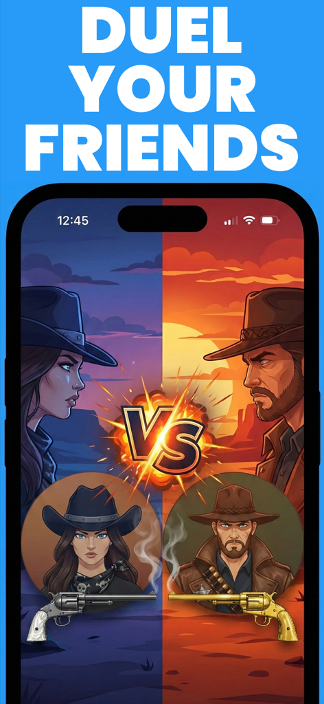 A western-themed mobile game screen showing two cowboys facing off in a versus duel mode