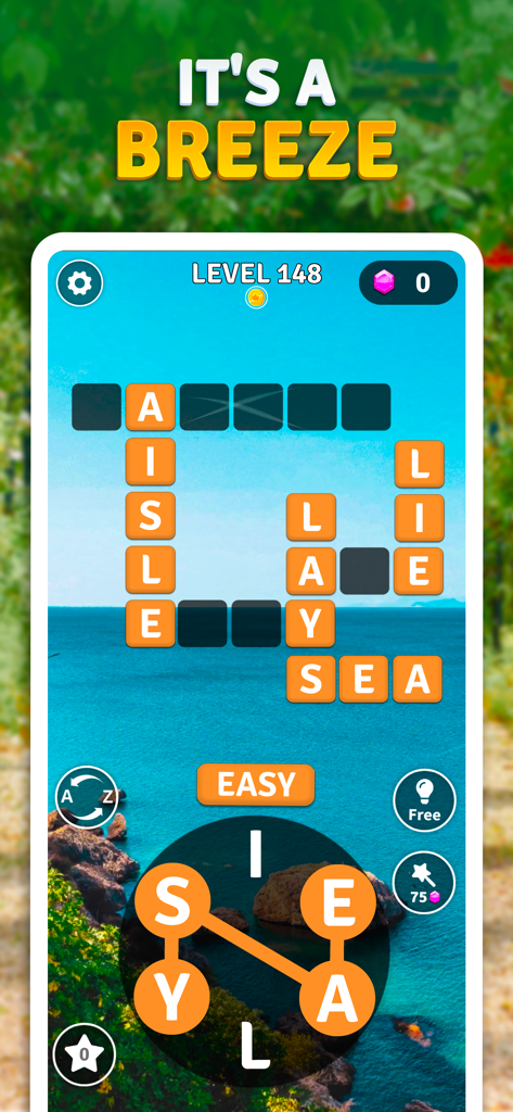 Word Breeze mobile app gameplay showing a crossword puzzle over a beautiful coastal scene