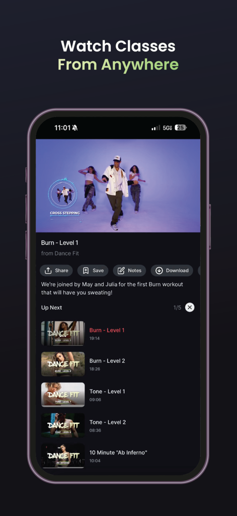 DNCR - DNCR app interface showing a dance fitness video player and a list of upcoming workout classes