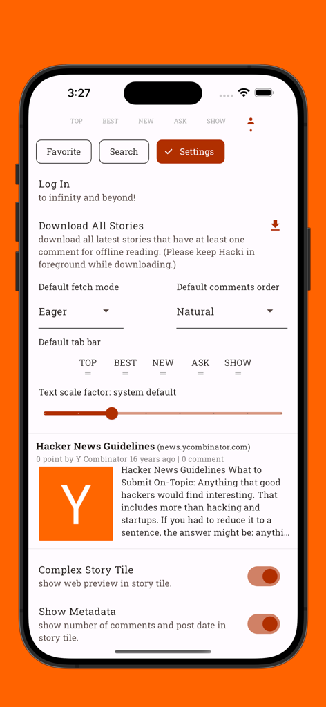 Hacki for Hacker News - The settings menu in the Hacki for Hacker News app showing offline reading and display configuration options.