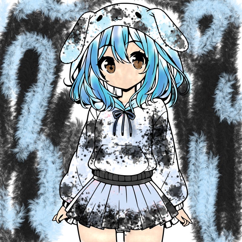 pretty anime girl wearing a fluffy hoodie with bunny ears on the hood and a skirt