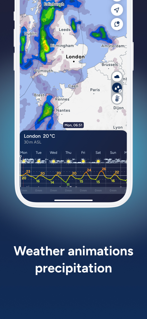Fluid Meteo – Weather Forecast - Fluid Meteo app interface showing interactive precipitation animations over a map of Europe and a 7-day weather forecast for London