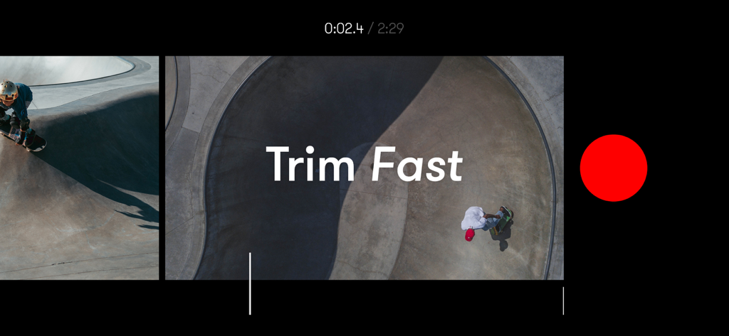 Nizo - Video Editor & Camera - Minimalist interface of Nizo app showing the fast trimming feature with skateboarding video footage