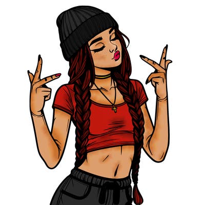 realistic teenage girl with braids and a beanie and crop top doing 🫶🏼