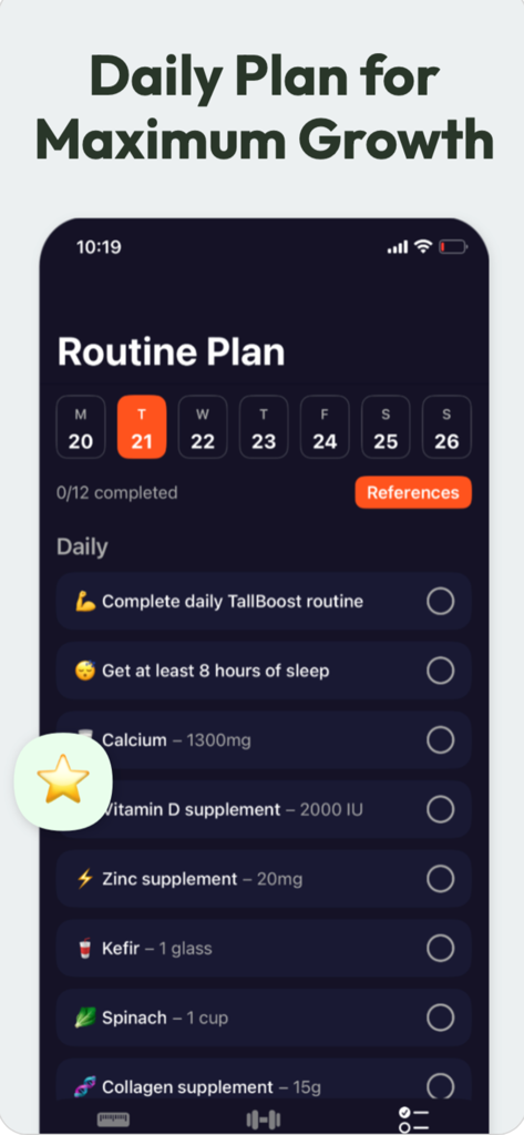 Taller ai height increase - Screenshot der TallBoost AI App, der einen täglichen Routineplan für maximales Wachstum mit einer Checkliste für Nahrungsergänzungsmittel und Schlafziele zeigt