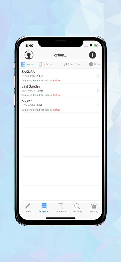 FC2 Blog - FC2 블로그 앱 iPhone 인터페이스로, SAKURA 및 Last Sunday와 같은 제목의 블로그 게시물 목록을 보여줍니다.