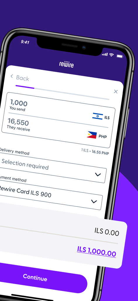 Rewire app interface showing a currency conversion from Israeli Shekel to Philippine Peso for an international money transfer.