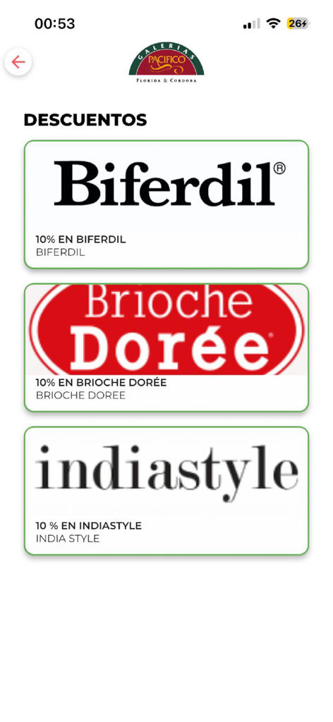 GALERIAS PACIFICO - List of store discounts and benefits in the Galerias Pacifico app.